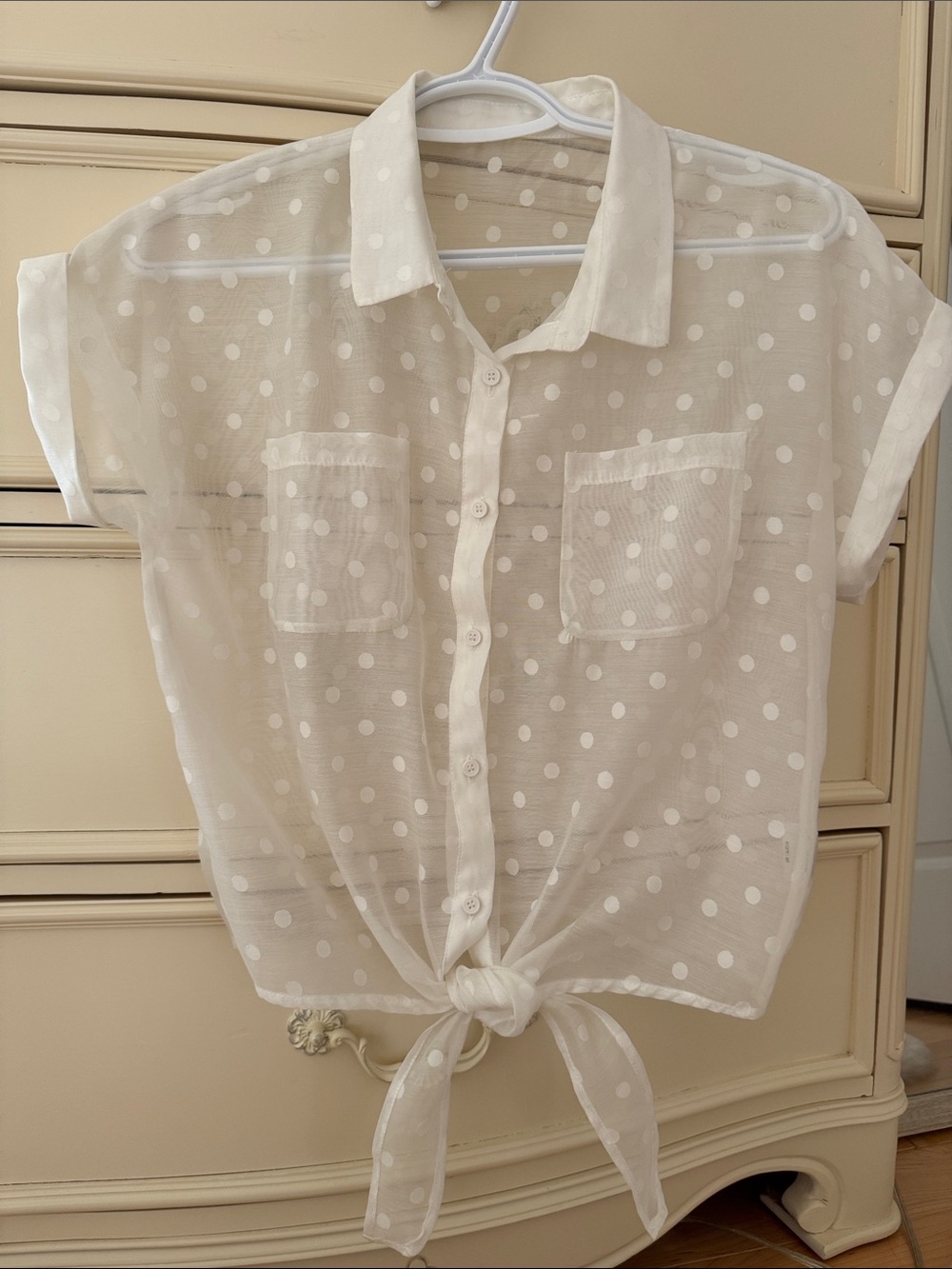 Sheer White Polka Dot Tie-Front Blouse - Women